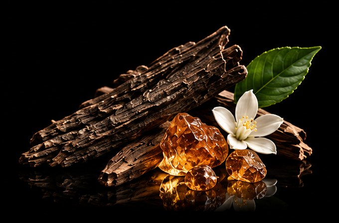 Legno di oud, resine e fiore bianco