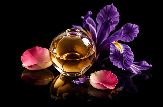 Boccetta di profumo con iris e petali di rosa